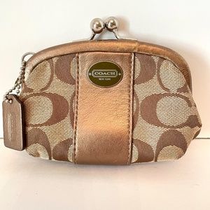 Coach Signature Canvas Bronze Leather Kisslock Pouch